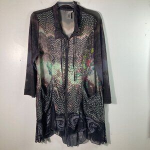 Womens John Mark Lagenlook Sheer Tunic Top Floral Dots Full Zip Multicolored L P